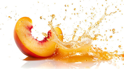 Wall Mural - half peach fallen into a juice splash isolated on white
