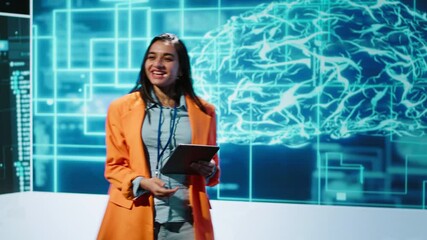 Poster - Happy speaker doing presentation at tech conference, explore ways emerging AI technologies can positively enhance companies workforce. Presenter promoting artificial intelligence solutions, camera A