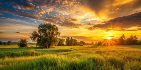 Poster - Sunset casting golden hues over a green field, tall grass, and trees, sunset, golden, hues, green, field, tall grass, trees