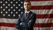 © Francheska - young businessman, with confident expression, American flag background generative ai
