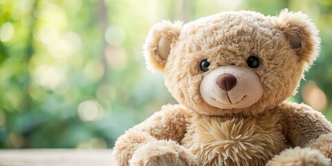 Wall Mural - Soft and cuddly teddy bear toy in close-up view, plush, stuffed animal, fluffy, cute, adorable, bear, toy, childhood, nostalgic