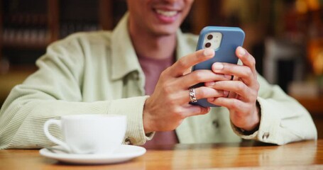 Sticker - Happy man, hands and typing with phone at cafe for communication or social media at indoor restaurant. Closeup of young male person with smile on mobile smartphone for online browsing at coffee shop