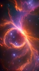 A vibrant, swirling space nebula with brilliant colors . Stars twinkle like diamonds scattered across a velvet sky
