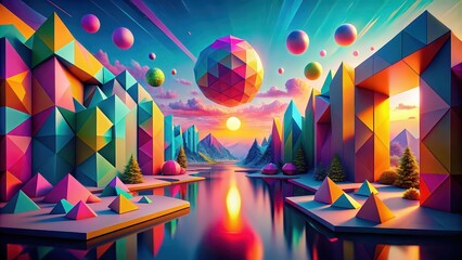 Canvas Print - Surreal geometric landscape with vibrant colors and abstract shapes, geometric, surreal, landscape, abstract, shapes