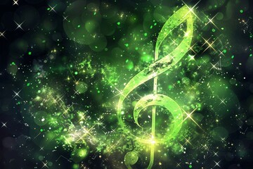 Green glowing music note among stars on black background with sparkling green decor