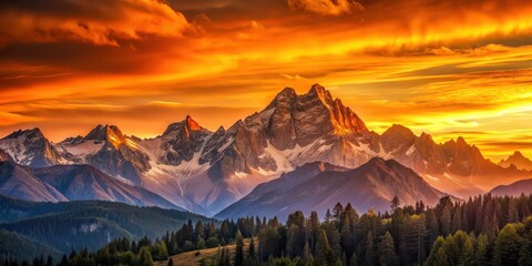 Wall Mural - Sunset casting a warm glow over majestic mountains, sunset, mountains, landscape, nature, tranquil, colorful, picturesque