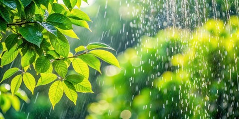 Sticker - Summer rain shower on green leaves in the garden, summer, rain, shower, green, leaves, garden, nature, weather, droplets, foliage