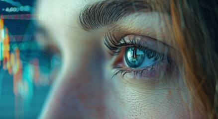 A close-up of an eye looking at the screen with stock market charts, white background, light blue and gray style, detailed facial features, blurred foreground elements