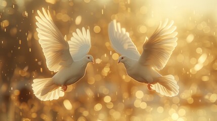 A serene image of two white doves flying in golden light, symbolizing peace and tranquility amidst a sparkling bokeh background. delicate brushwork, romantic scenes, natural scenery