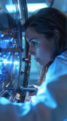 Wall Mural - Scientist looking into a centrifuge machine in modern laboratory