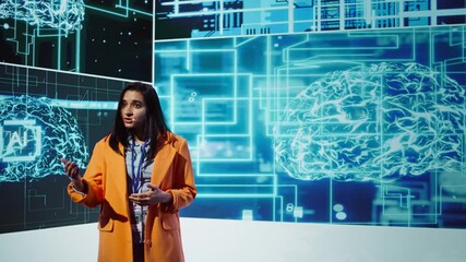Poster - Tech company CEO using conference as platform to present latest AI services. Woman uses microphone to talk at convention with business investors interested in artificial intelligence, camera B
