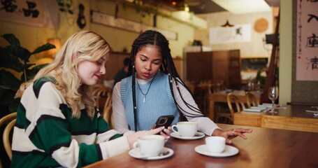 Poster - Friends, women and smartphone at cafe for coffee date or lunch with smile for bonding, support and care. Social media, happy and conversation at shop with tea on lunch or break to relax and enjoy