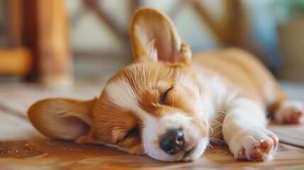 Sticker - Cute puppy dog sleeping at home, happy and relaxed, cool and peaceful, calm and serene, on kitchen wooden table, close-up portrait