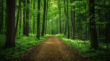  path covered in green leaves, with tall trees on both sides generative ai