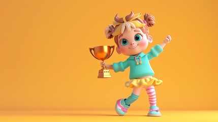 Poster - A cartoon girl with pigtails and a teal sweatshirt is holding a golden trophy.