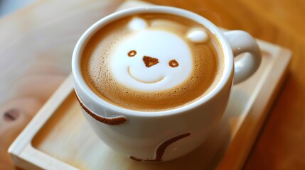 Poster - A cup of latte with a cute bear face design on top of the foam, resting on a wooden saucer.