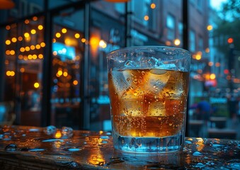 Close-up of Whiskey Glass with Ice on a Reflective Bar Counter in a Cozy Evening Pub Setting