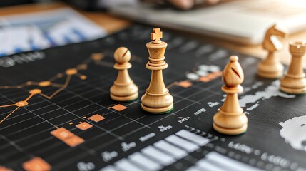 Canvas Print - Close up of chess pieces on a board with a graph in the background.