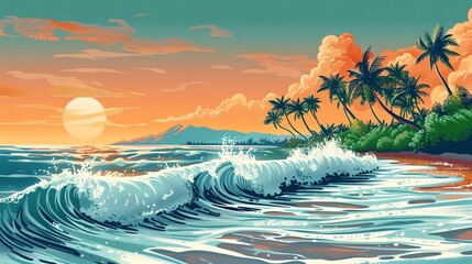 Wall Mural - A colorful, digital illustration of a beach scene with palm trees and waves.