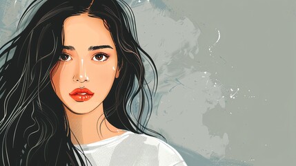 Canvas Print - A woman with long black hair looks at the camera, illustrated in a cartoon style.