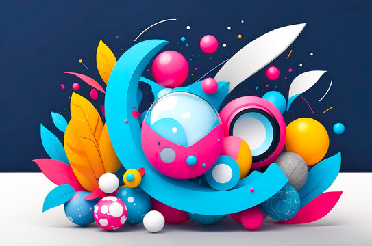 Abstract Colorful 3D Balls and Shapes with Leaves on a Dark Blue Background
