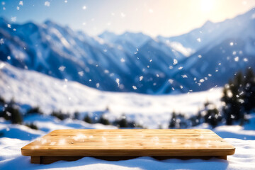 Poster - Wooden Tabletop in Snowy Mountain Landscape