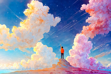 Sticker - Man Reaching for the Stars on a Colorful Cloud Landscape