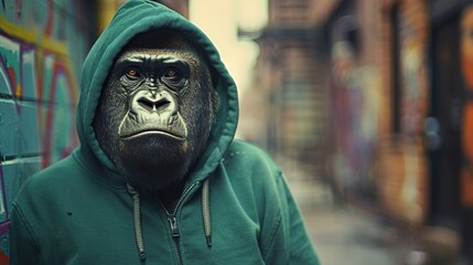 Wall Mural - Anthropomorphic gorilla monkey wearing a green hoodie in downtown city street, urban underground retro style and charismatic human attitude