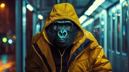 Poster - Anthropomorphic gorilla monkey wearing a yellow hooded jacket, walking in city subway on downtown street at night, urban underground retro style and charismatic human attitude