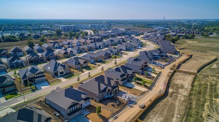 aerial view of a middle class brand new residential houses neighborhood in a city suburbs. suburbia