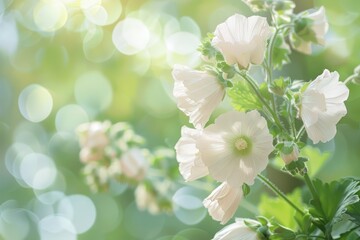 Wall Mural - White Hollyhock Flowers in Full Bloom Against a Blurred Green Background