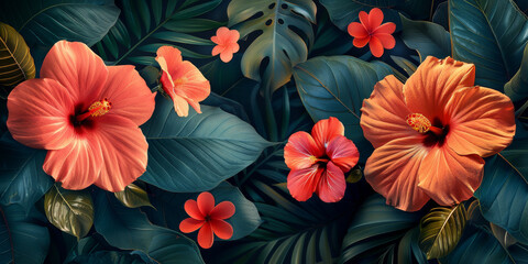 Wall Mural - beautiful fantasy summer vintage wallpaper all tropical botanical flowers bunch,vintage motif for floral print digital background 