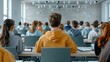 © naphat - An interpreter at a university lecture, translating for international students. The academic setting includes lecture halls, projectors, and attentive students. copy space for text, focus cover all