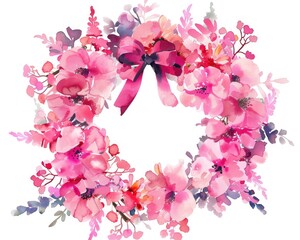 Wall Mural - Floral Watercolor Wreath with a Pink Bow