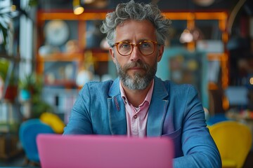 Wall Mural - Man With Grey Hair and Glasses Using Laptop in Cafe