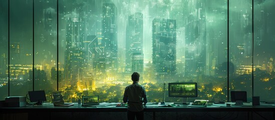 Canvas Print - A Man Gazing at a Futuristic Cityscape