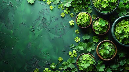 Poster - happy st patrick s day banner design leprechaun,pot of gold,clover leaves on green background flat lay top view copy space.image