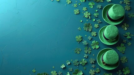 Poster - st patricks day banner design,green shamrock,four leaf clovers irish elf hats confetti flat lay top view greeting card template header mockup happy st patrick s day concept.stock image