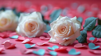 Wall Mural - happy valentines day concept flat lay composition,paper hearts,white rose flower on pink background top view,copy space.stock image