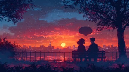 Sticker - Couple Silhouettes Against a Sunset Cityscape