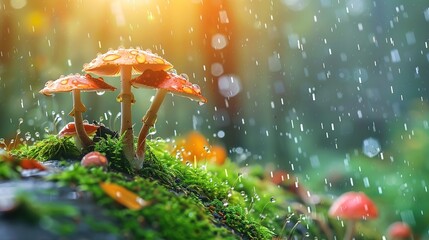 Wall Mural - Autumn seasonal background, little mushrooms growing on a tree trunk in wet moss, under rain drops and autumnal sun - Fall season magical ambience
