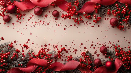 Poster - christmas composition,red decorations,balls confetti ribbon on pastel beige background,copy space top view flat lay xmas banner mockup stylish postcard template.stock photo