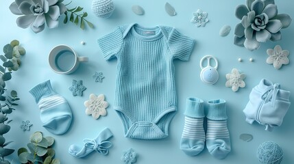 Poster - baby bodysuit in marine style socks pacifier on pastel blue background flat lay top view.image