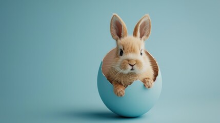 Wall Mural - baby rabbit in a egg on blue background