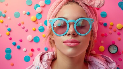 Poster - female eye mask alarm clock earplugs pills on pink background,confetti insomnia treatment concept.stock image
