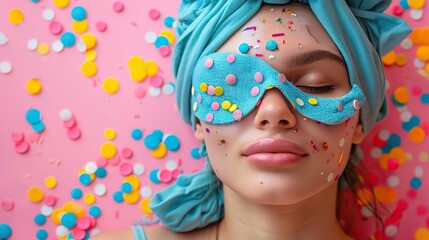 Poster - female eye mask alarm clock earplugs pills on pink background,confetti insomnia treatment concept.stock image