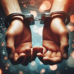 an image showing both hands restrained in handcuffs, set against a soft and abstract bokeh background