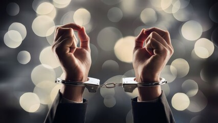 an image showing both hands restrained in handcuffs, set against a soft and abstract bokeh background