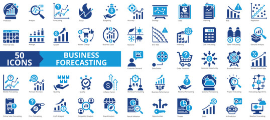 Poster - Business forecasting icon collection set. Containing prediction, analyze, data, trend, budgeting, accuracy, strategy icon. Simple flat vector illustration.