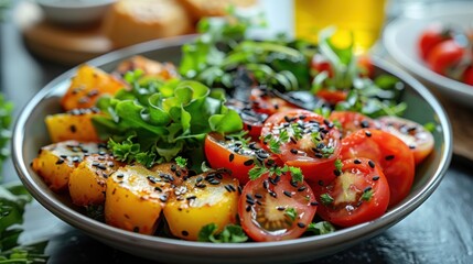 Canvas Print - Delicious and Healthy Salad with Tomatoes, Potatoes, and Greens